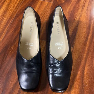 Vintage Black Leather Chunky Heeled Loafers Block Heels HASSIA Uk 4.5 G